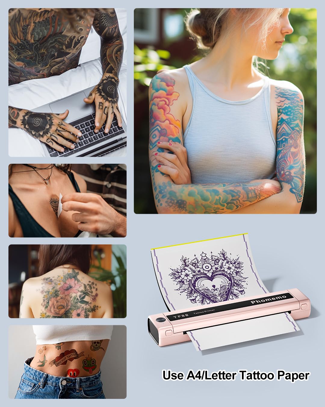 Phomemo Impresora de Tatuajes TP88 Impresora Térmica Tatuaje con 10 Plantillas A4 Papel de Transferencia de Papel de Transferencia Bluetooth Portátil Compatible con Smartphones, Tabletas y PC