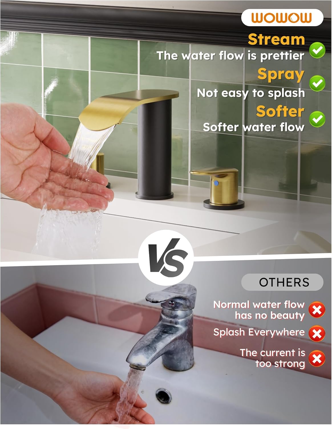 WOWOW Waterfall Bathroom Faucet 3 Holes 8Inch Widespread Bathroom Sink Faucet, Two Handles Lavatory Vanity Sink Faucets with Pop-up Drain & Supply Hoses, Modern Faucet Mixer Taps Black and Gold - Image 4