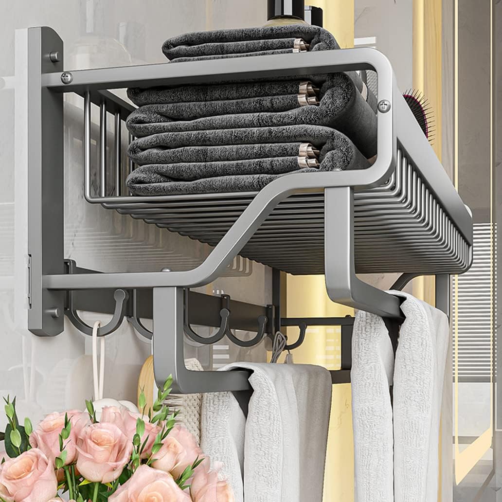 Bathroom Towel Rack with Tower Bars - Aluminum Towel Rack with Shelf Wall Mount Towel Holder, Rustproof Bathroom Towel Storage with 5 Hooks for House Lavatory and Hotel (19 Inch Aluminum, Gray)