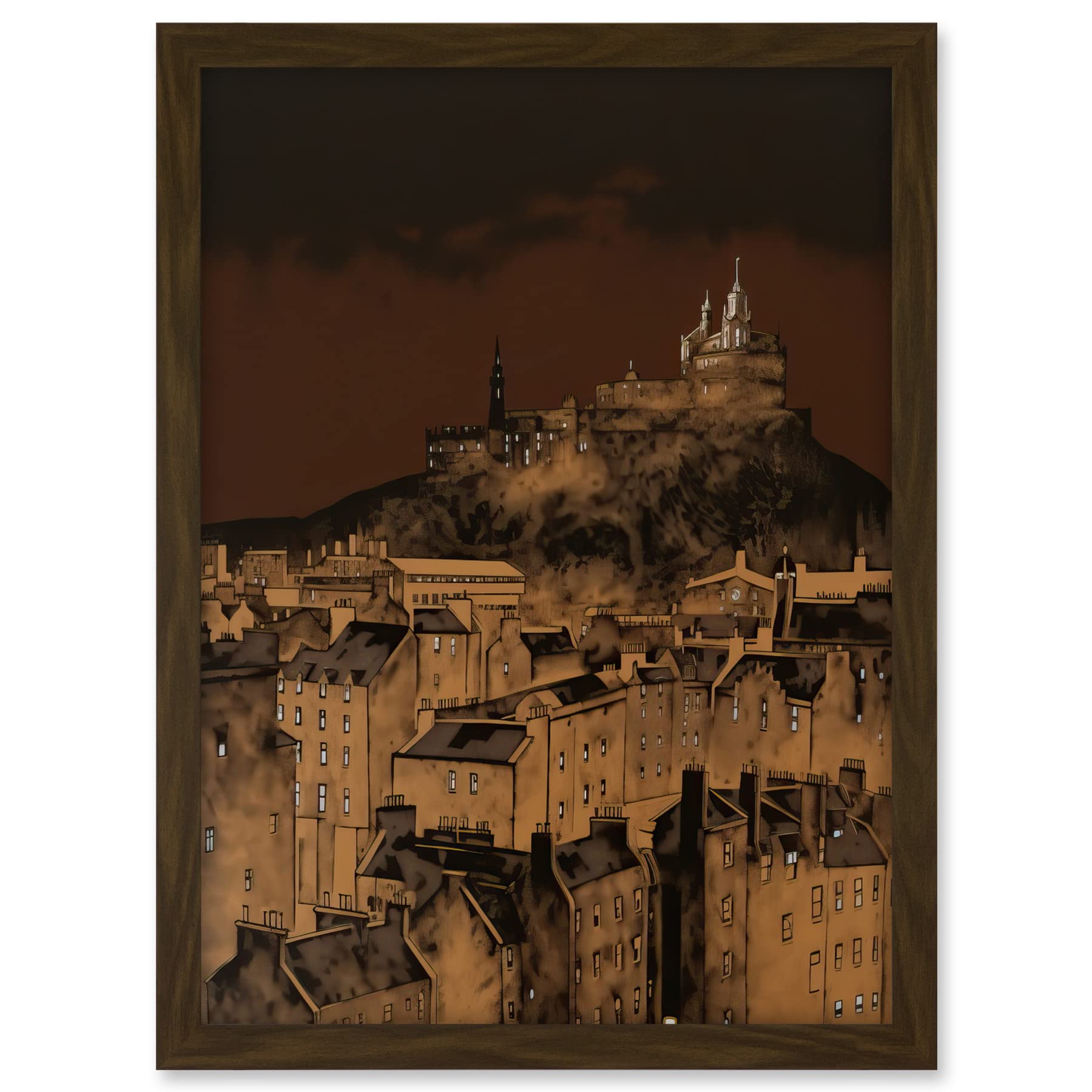 Artery8 Edinburgh Castle Over Old Town Cityscape at Night Artwork Framed A3 Wall Art Print