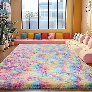 Rainbow Area Rugs for Girls Bedroom, 4x6 Fluffy Fuzzy Shaggy Carpet for Kids Playroom Nursery Living Room, Thick Soft Plush Mat for Kids Baby Boys Teen Dorm Home Decor Aesthetic