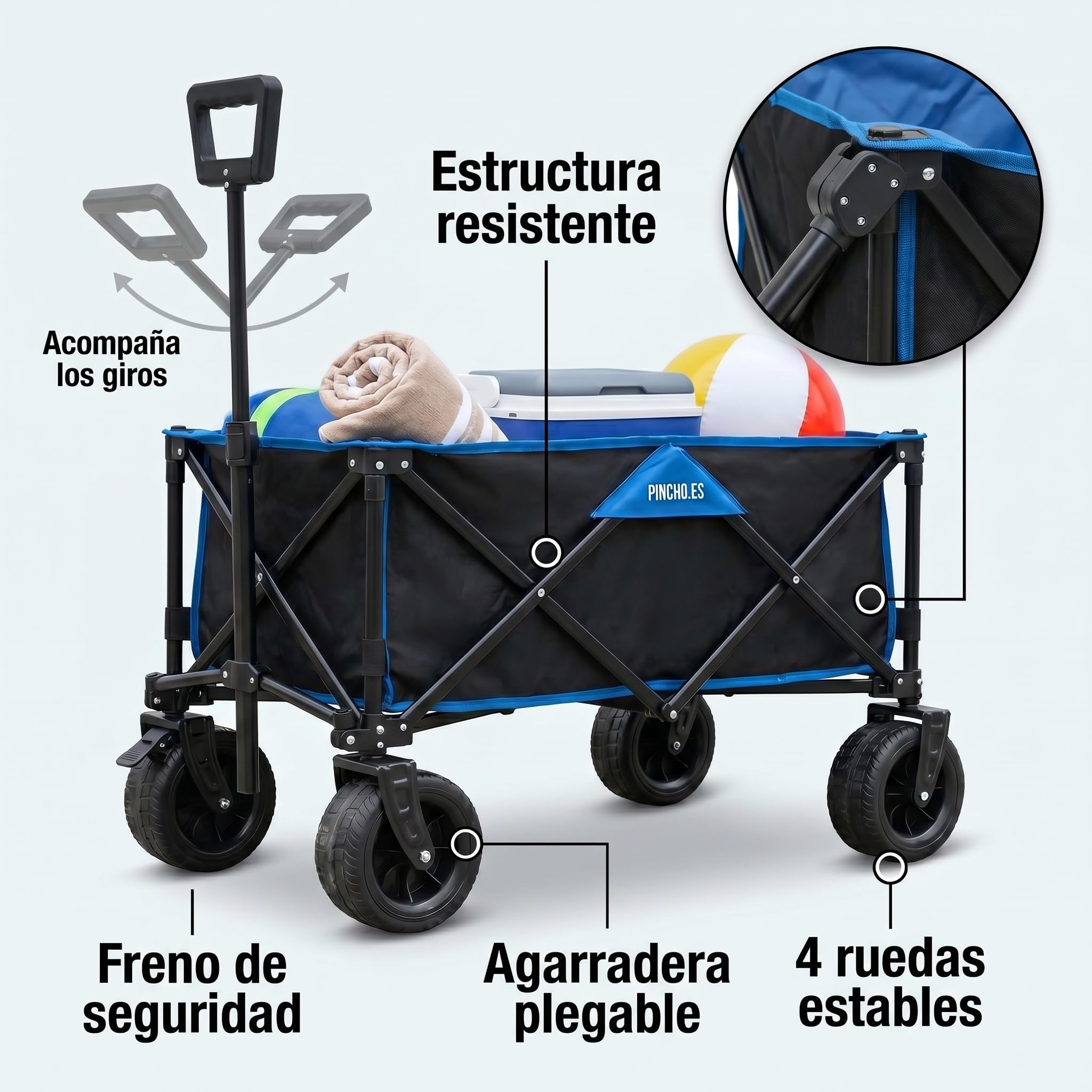 Carro Playa Plegable - PINCHO - Carrito De Playa Plegable, Carro Transporte Plegable con Asa Telescópica, Carretilla Plegable con Ruedas y Frenos - 4 Ruedas, Carga 55 kg, Plegado Compacto, Bolsillo