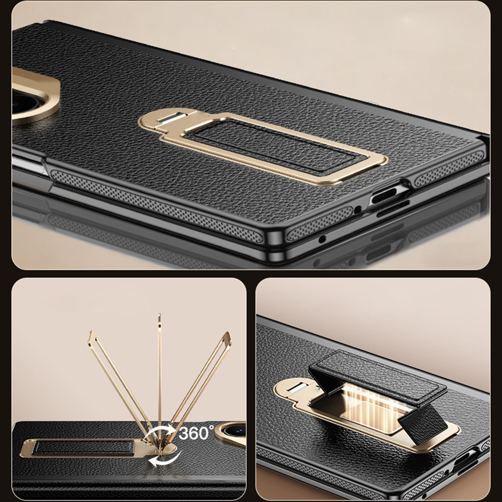 Skórzane etui do Samsung Galaxy Z Fold 7, ukryta podpórka na nadgarstek, etui ze szkła hartowanego, odporne na wstrząsy, czarne, składane 7