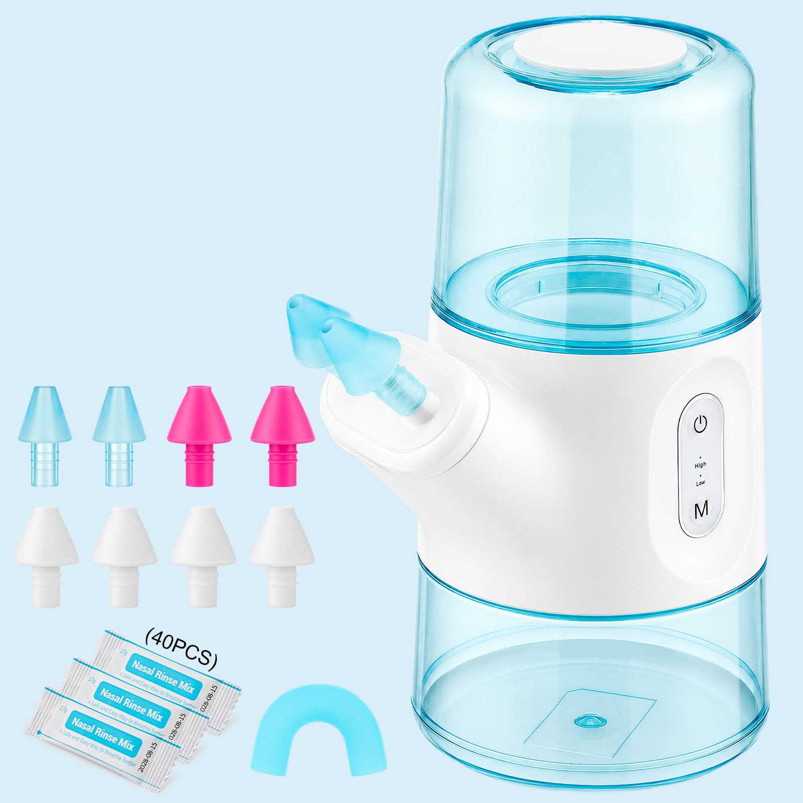 Irrigador Nasal Eléctrico Inalámbrico De Doble Depósito, Lavado De Senos Paranasales Con 2 Modos De Enjuague, Recogida Automática De Residuos, 800mAh, Impermeable IPX7, 8 Boquillas, 40 Sobres De Sal
