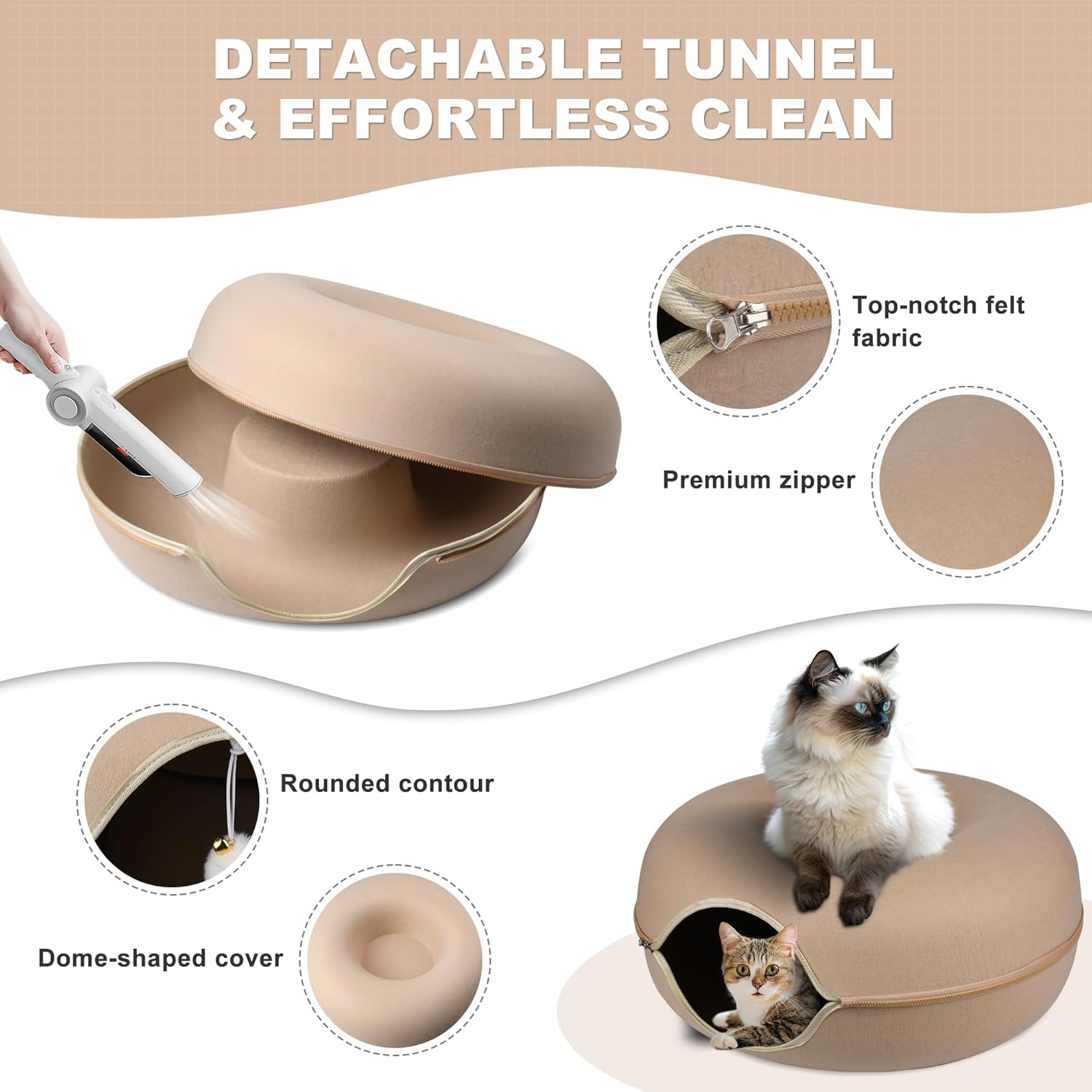 Peekaboo Cat Cave,Cat Tunnel Bed for Indoor Cats,Cat Donut Tunnel for Pet Cat House,Detachable Round Cat Felt & Washable Interior Cat Play Tunnel (Large, Beige)