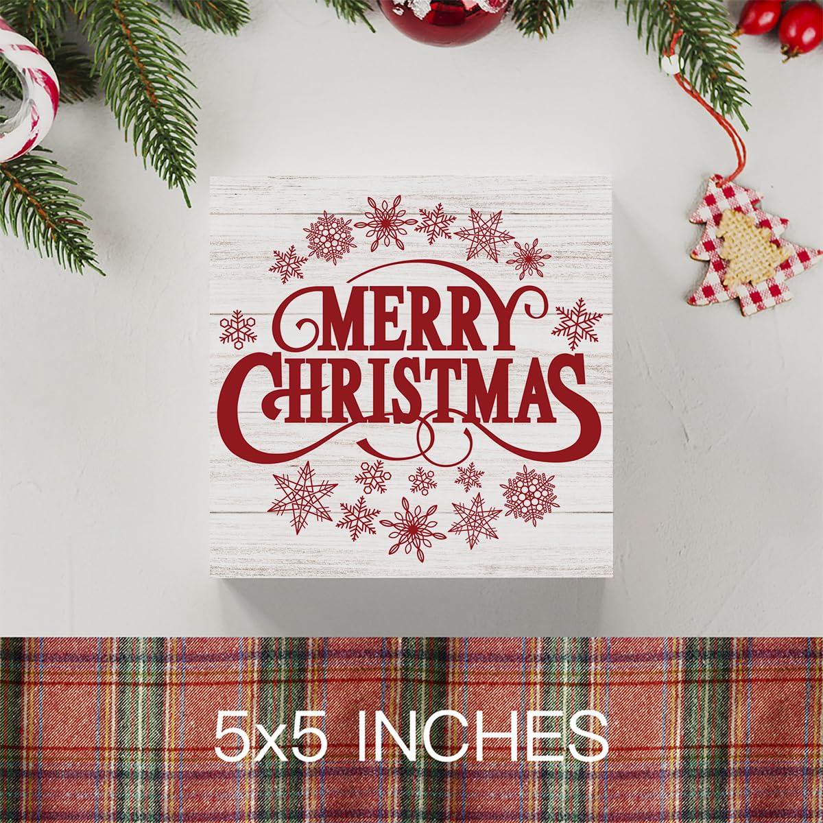 Rustic Wooden Box Sign - 'Merry Xmas' Holiday Desk Decor, 5x5 Inches, Farmhouse Table Or Wall Decoration