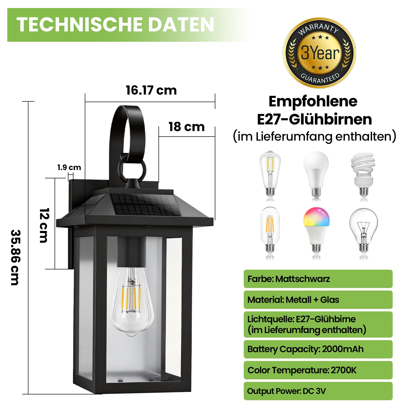Solarlampen Solarleuchten für Außen, Solarlampen für Außen Garten | Solar Aussenleuchte Aussen Lampe Outdoor Wasserdichte Licht Solarlampe Garten Wandleuchte, Schwarz, E27 Glühbirnen Inklusive