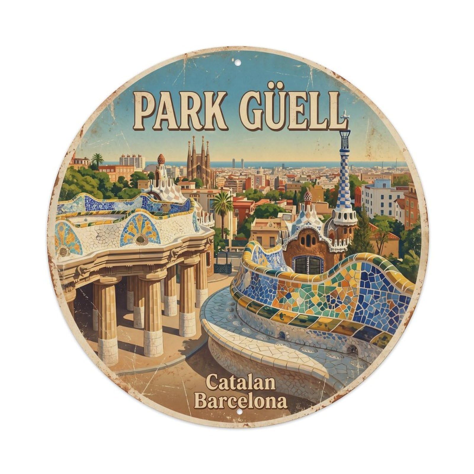Vintage Travel Park Guell Barcelona Catalan Metal Tin Sign Plaque