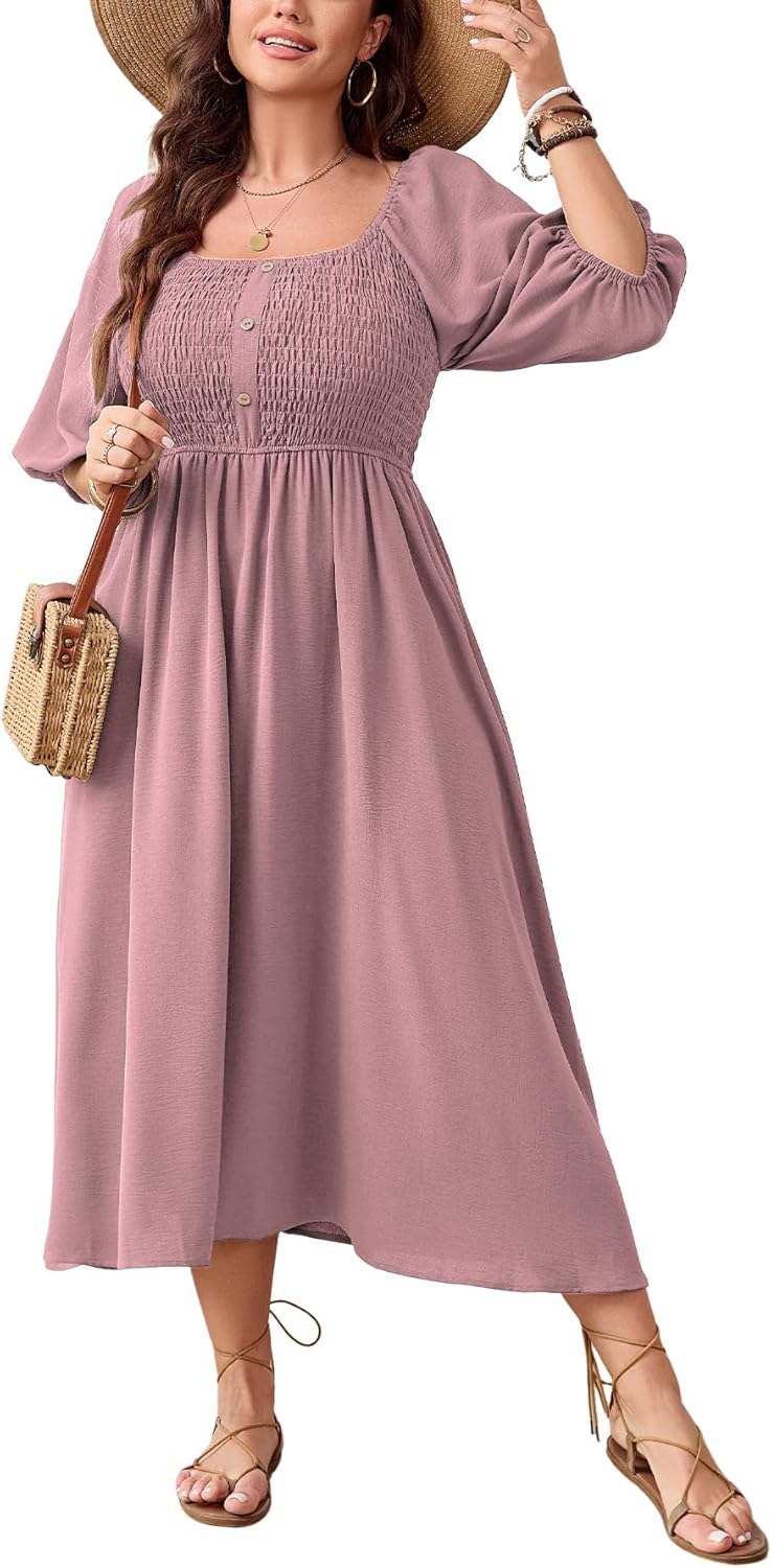 SHESTARR Women's Plus Size Casual Dresses Square Neck Button Up Smocked 3/4 Puff Sleeve Empire Wasit A-line Flowy Midi Dress