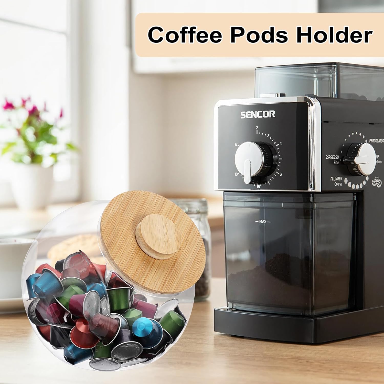 ELLDOO Clear Slanted Plastic Storage Jar with Bamboo Lid, Wide Mouth Laundry Pods Container Dishwasher Pods Holder, Coffee Pod Holder for Nespresso K Cup, Candy Cookie Jars for Coffee Bar Kitchen