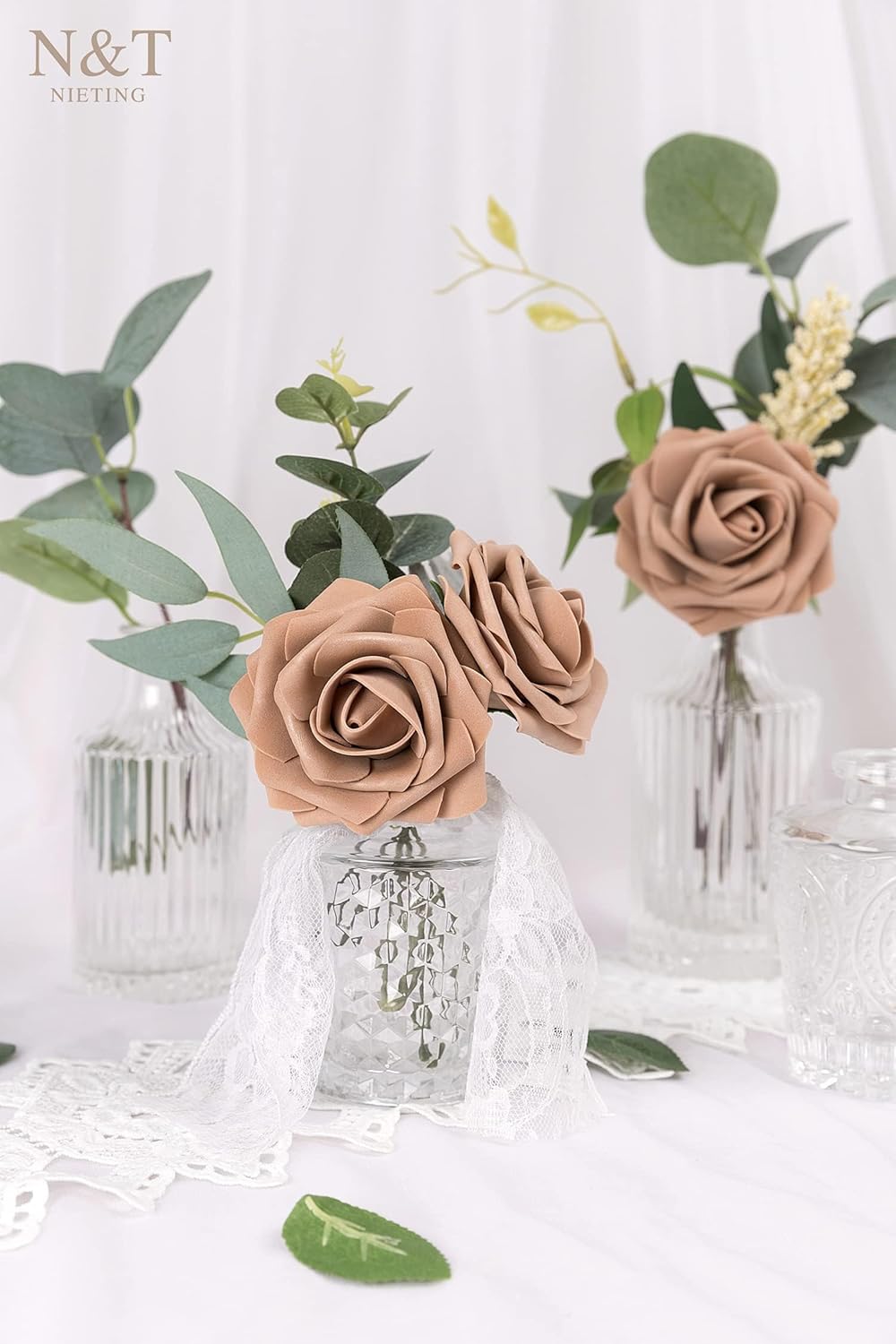 N&T NIETING Artificial Flowers Light Brown Roses, 50 Pcs Faux Flowers Fake Flowers Perfect for DIY Wedding Bouquets Centerpieces Birthday Party Home Flower Arrangement Decorations Fall Flowers - Image 7