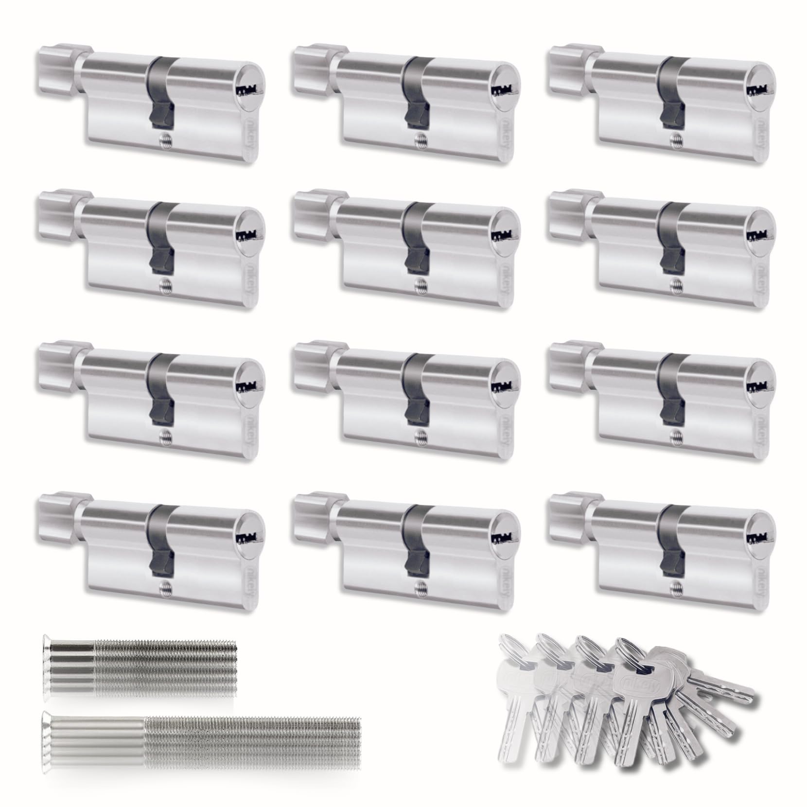 Set of 12 Cylinder for Locks 35/35 mm, Cylinder with Knob, Screws and Keys Included, Easy Assembly, Lock for Doors and Garages, Anti-Drilling, Single Key, Length 70 mm
