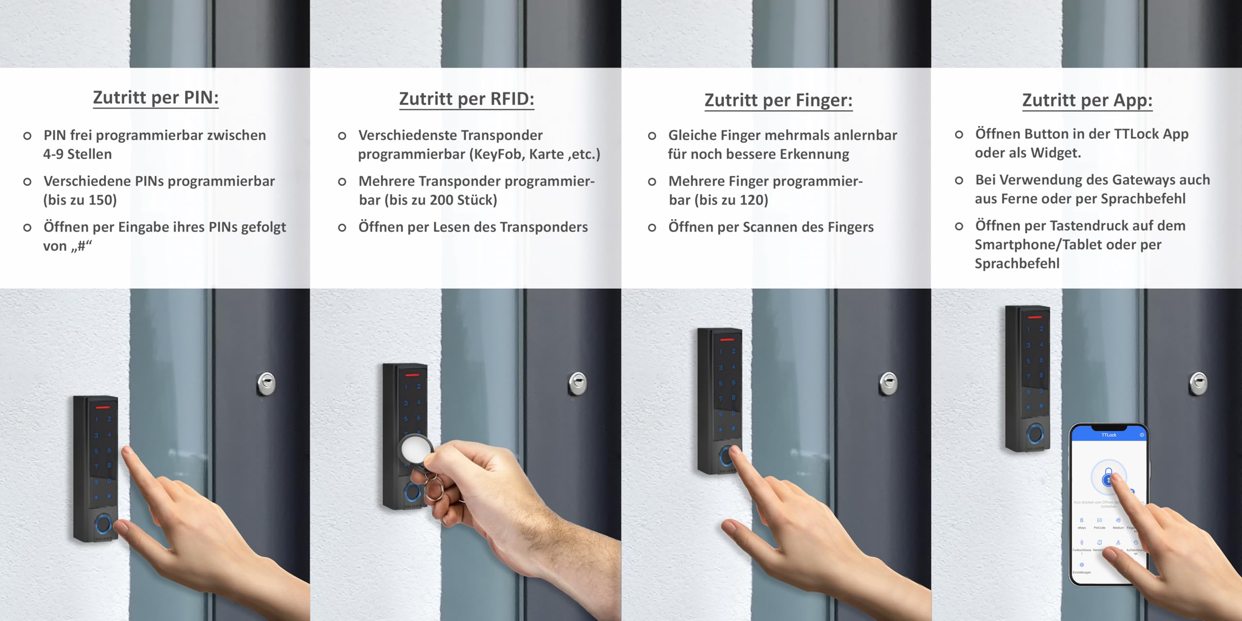 Smart Home Codeschloss mit Fingerprint, Fingerabdruck in Schwarz | RFID und PIN möglich | verwaltbar mit APP | wasserdicht und stromsparend | einfache Installation