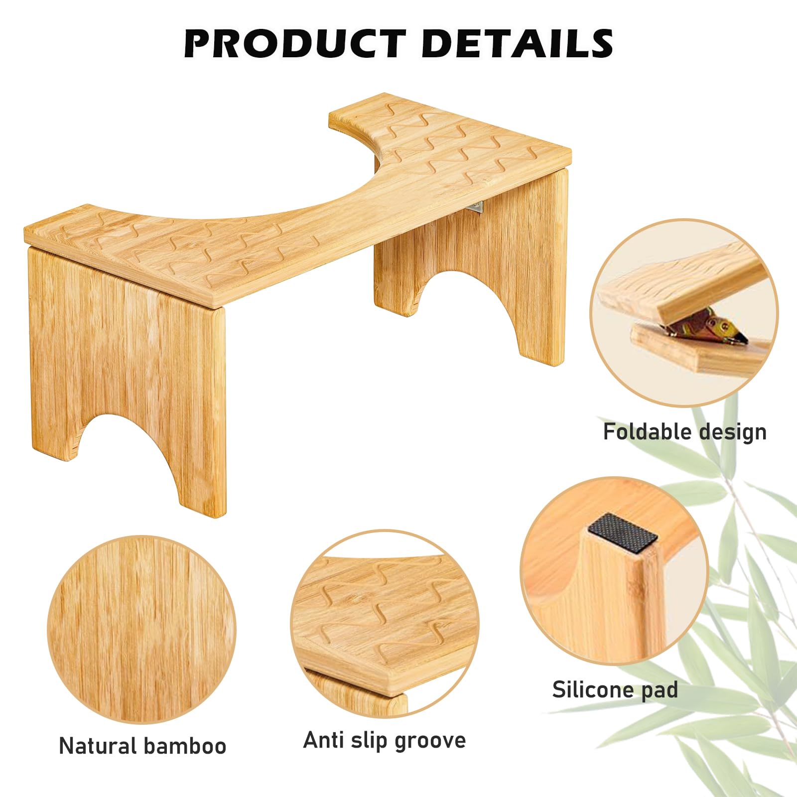 PORFOYO Sgabello WC pieghevole, sgabello WC in bambù per adulti, sgabello per WC antiscivolo, sgabello pieghevole portatile in bambù, sgabello da bagno pieghevole per stitichezza e gonfiore