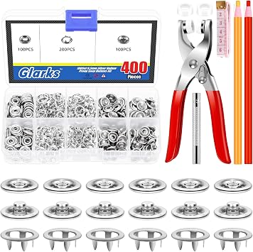 Glarks 407pcs 9.3mm3/8in Metal Snap Buttons with Snap Pliers Press Tool, Silver Hollow Prong Snap Buttons and Snap Fasteners Tool with Tape Measure and Tailors Crayons Kit for DIY Sewing Crafting