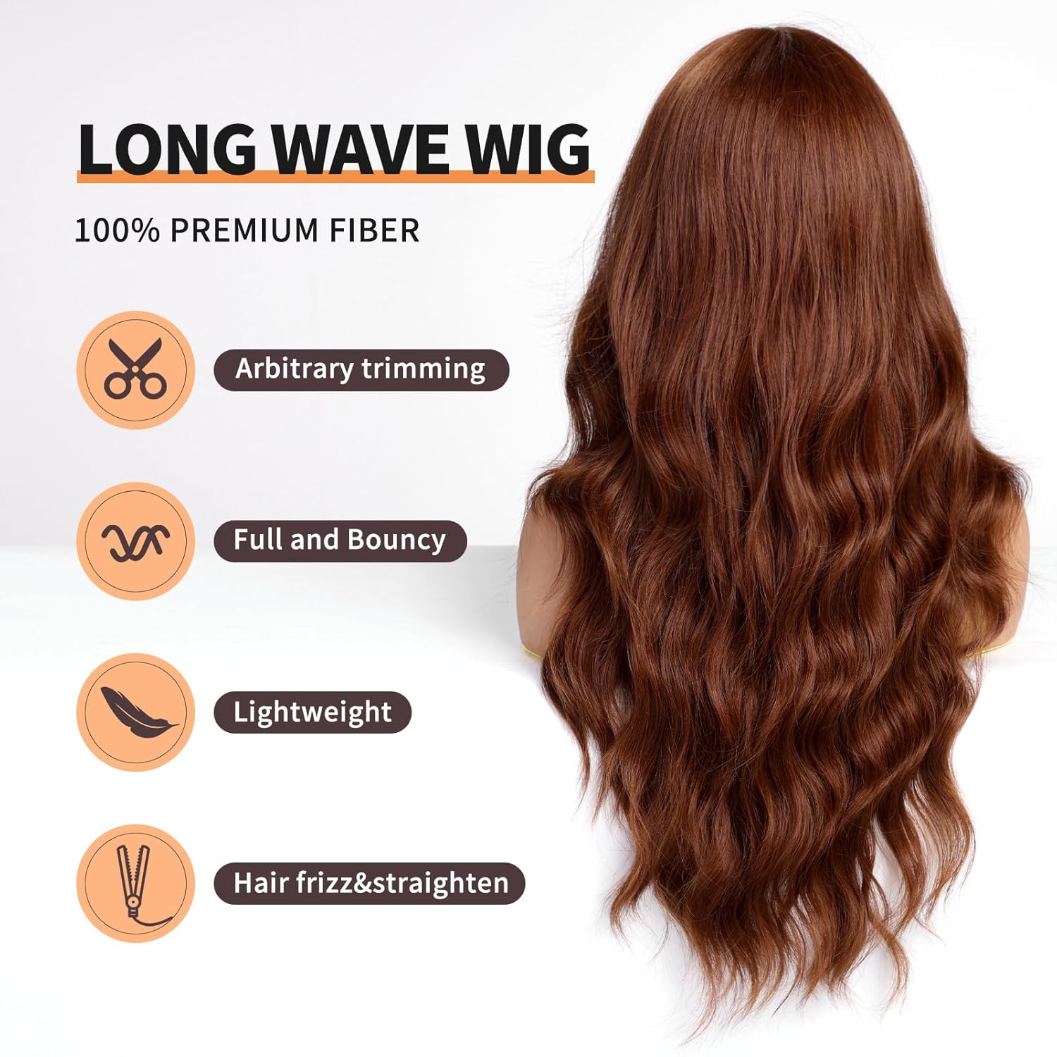 KOME Auburn Wigs with Bangs,Copper Red Long Wavy Wig for Women,Long Curly Synthetic Hair Wig for Party Daily Use 24IN