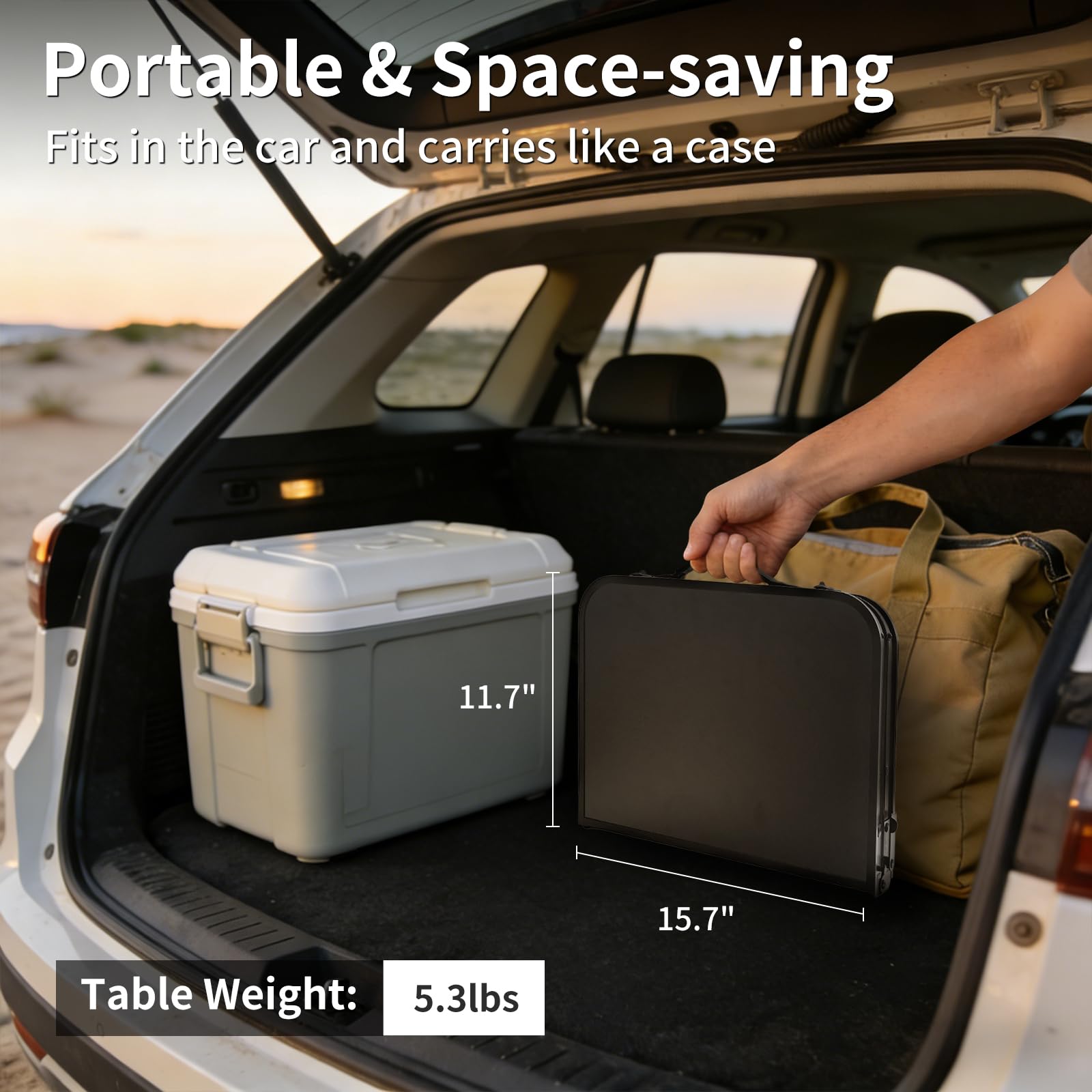 Mesa Plegable Camping 60x40 cm, altura ajustable 26/55 cm, con asa; patas de aluminio y tablero MDF fácil de limpiar, ligera y fácil de transportar para balcón, terraza y playa, picnic y pesca, negro — view 3