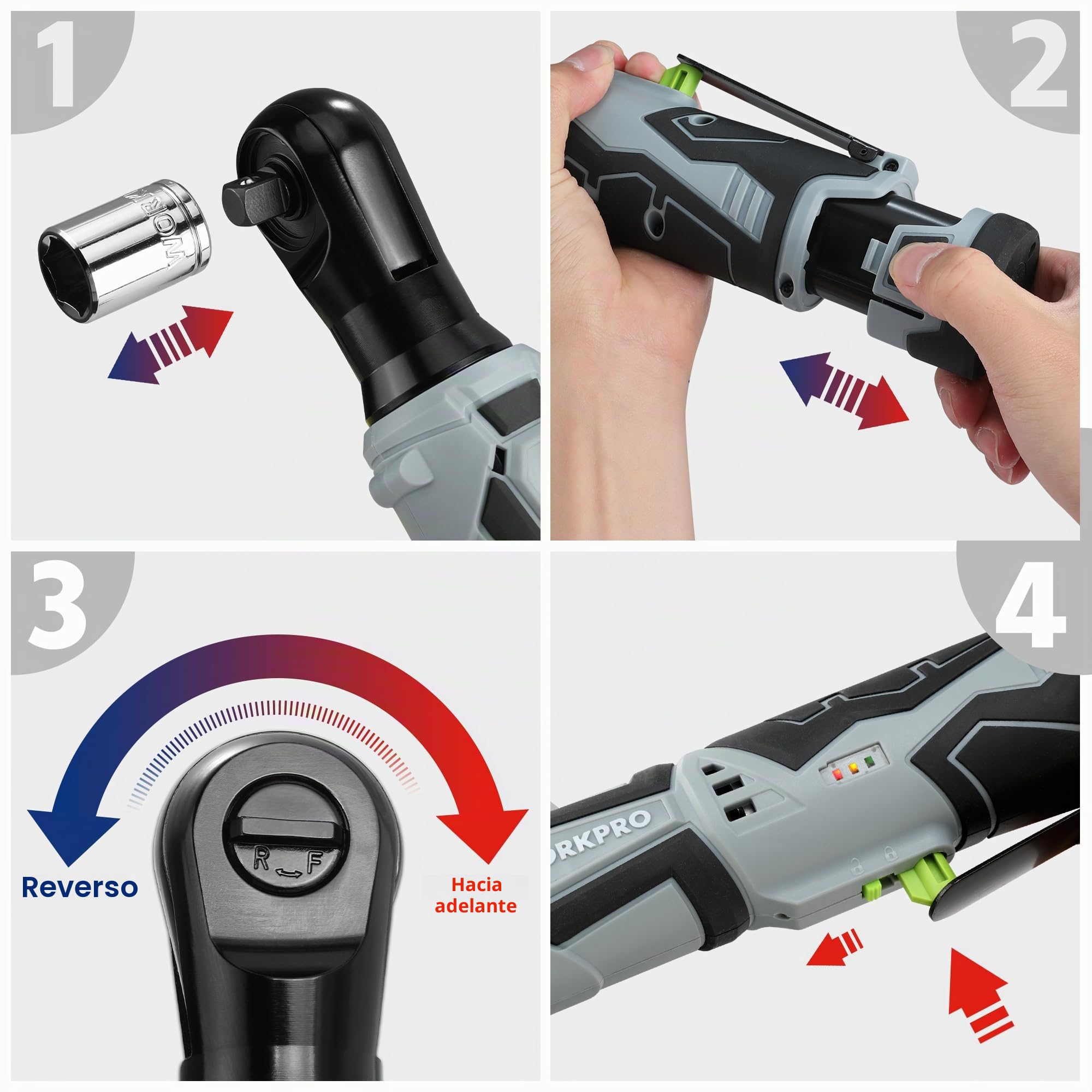 WORKPRO Llave Trinquete Eléctrica Inalámbrica 12V, 55Nm con Accesorios | Herramienta Inalámbrica con Batería 2000mAh, Velocidad Variable y 9 Accesorios para Trabajos de Reparación