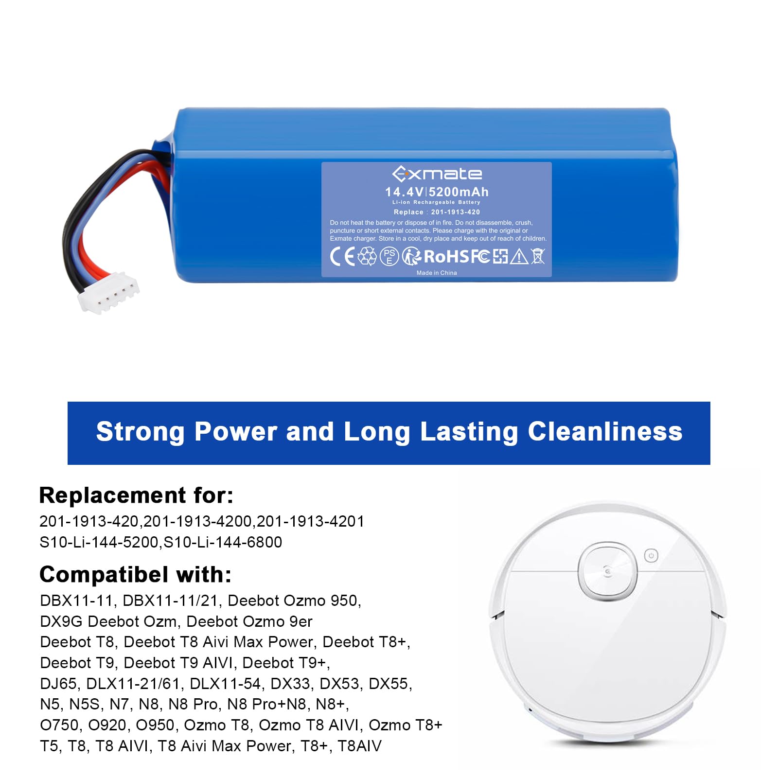 Exmate Akumulator litowo-jonowy 14,4 V 5200 mAh, zamiennik do Ecovacs Deebot Ozmo 950 DX9G, Deebot Ozmo 920, Deebot T8, T8+, Ecovacs Deebot N8, N8+, N8 Pro, N8 Pro+, N5, Home Cleaner robot domowy