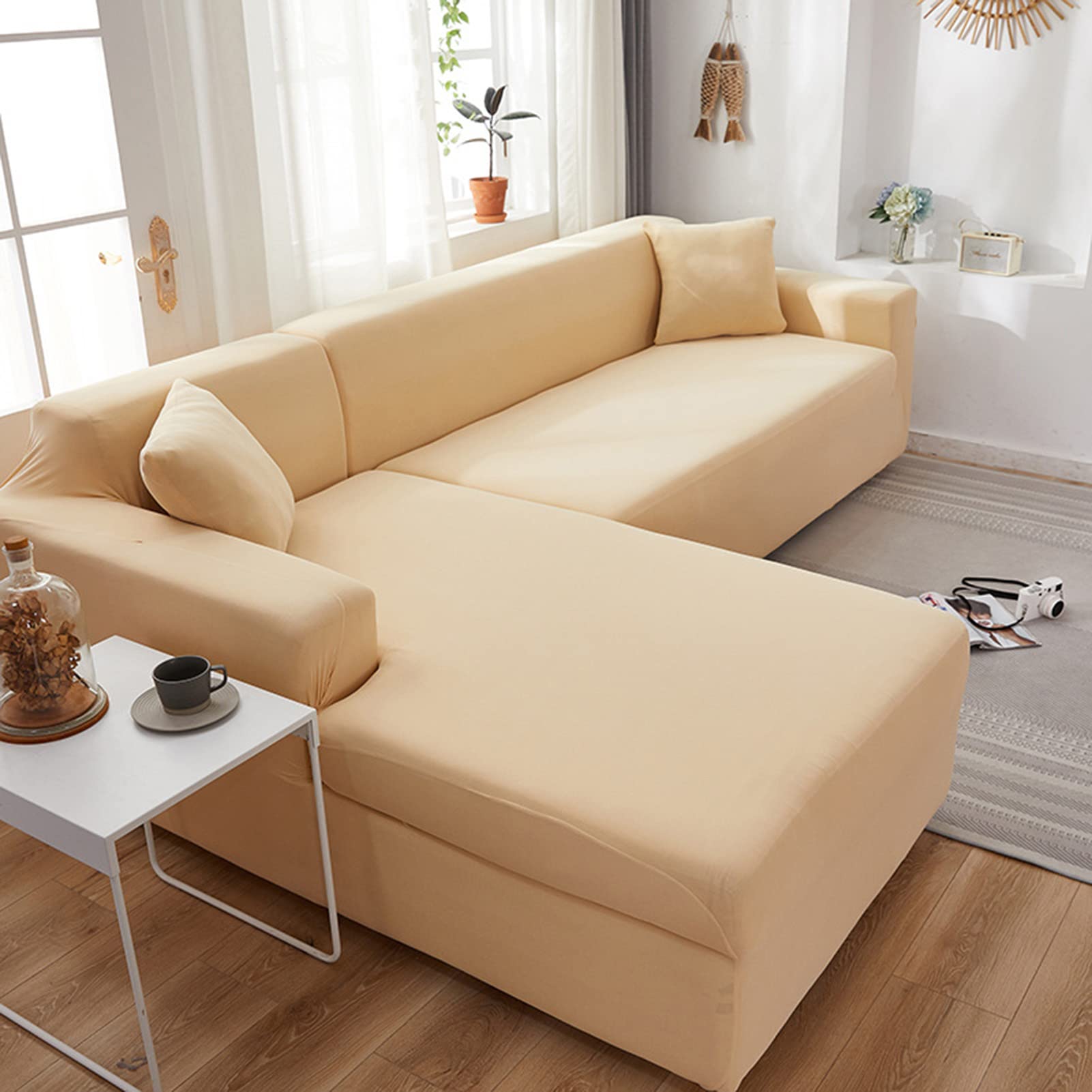 Housse de canapé extensible d'angle en L 2 places 140-180 cm beige