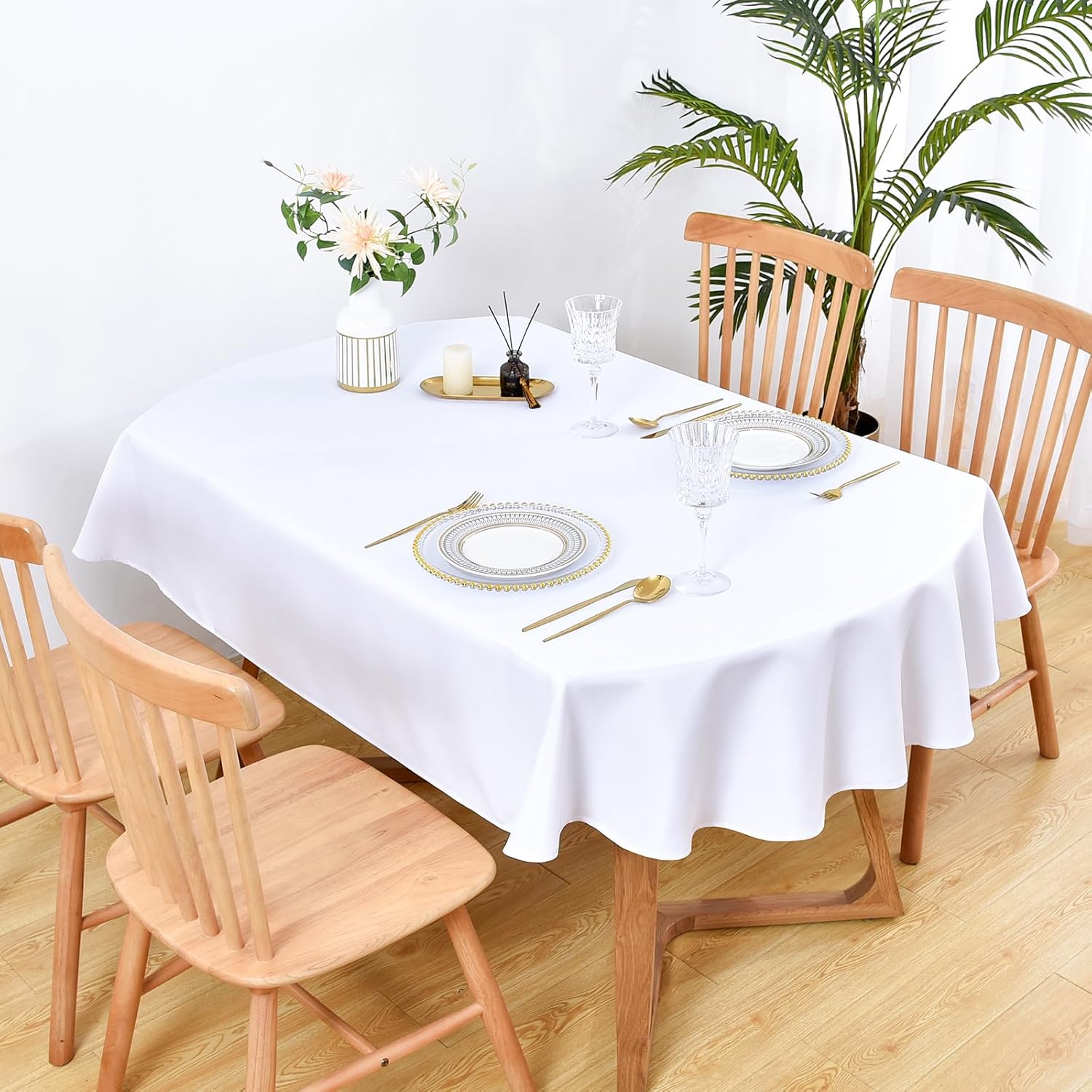 Wolkemer 2 Pack 60x84 Inch Oval Tablecloth, Washable and Reusable Polyester Fabric Table Cloth, Solid White Table Cover for Dining, Wedding, Holiday Party Banquet Tabletop Decoration