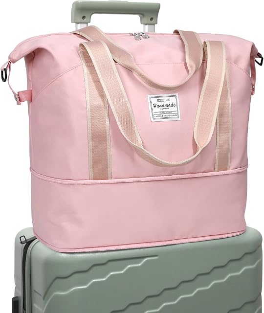 DMLuna Travel Duffel Bag, Tote Sports Gym Bag, Shoulder Overnight Weekender Bag for Women & Men, Hospital Bag, Expandable Duffel Bag with Trolley Sleeve/Wet Pocket, Rose Gold