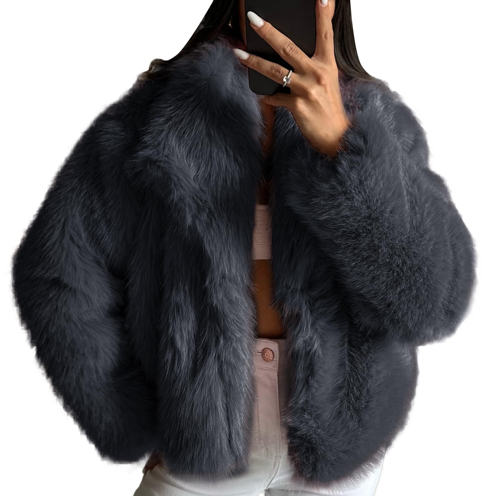 COZYPOIN Womens Faux Fur Jacket Fluffy Fur Coat Cropped Button Down