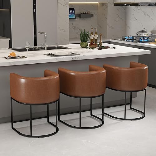 Miniatura 56 de Taburetes de Bar Modernos de Altura de Mostrador Tapizados en Cuero PU Juego de 3, Taburetes de Isla de Cocina de 24", Sillas de Bar con Marco