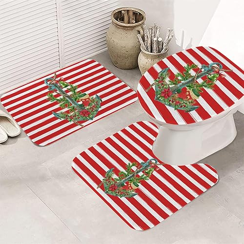 Miniatura 9 de Juego de 3 tapetes de baño con diseño de copos de nieve, diseño de árbol de Navidad con diseño de árbol de Navidad rojo para baño, cubierta lavable