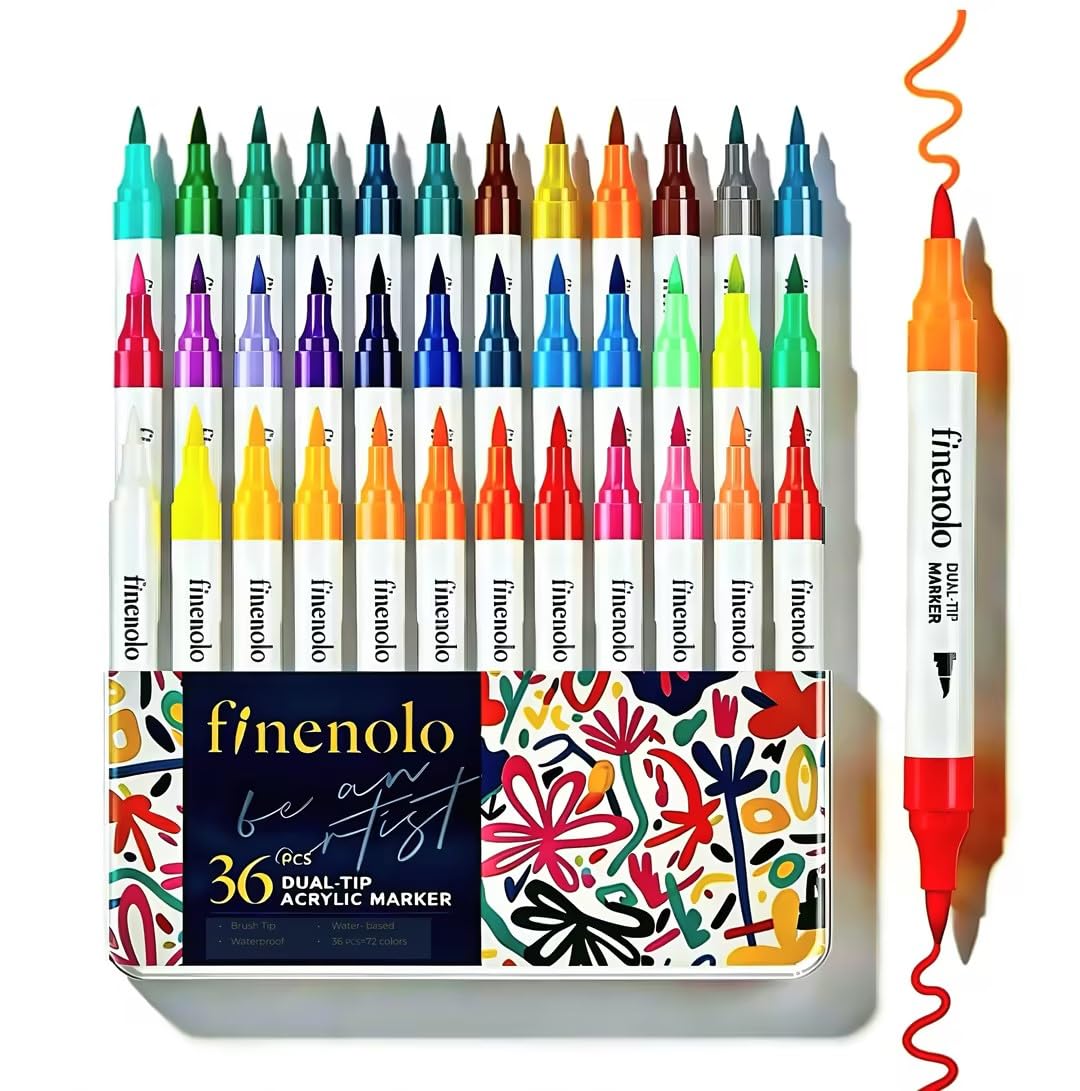 finenolo 72 Colors Acrylic Paint Markers, 36 Dual Brush Tip Art Markers, Water Based Acrylic Pens for Rock, Wood, Fabric, Glass, Stone Painting and