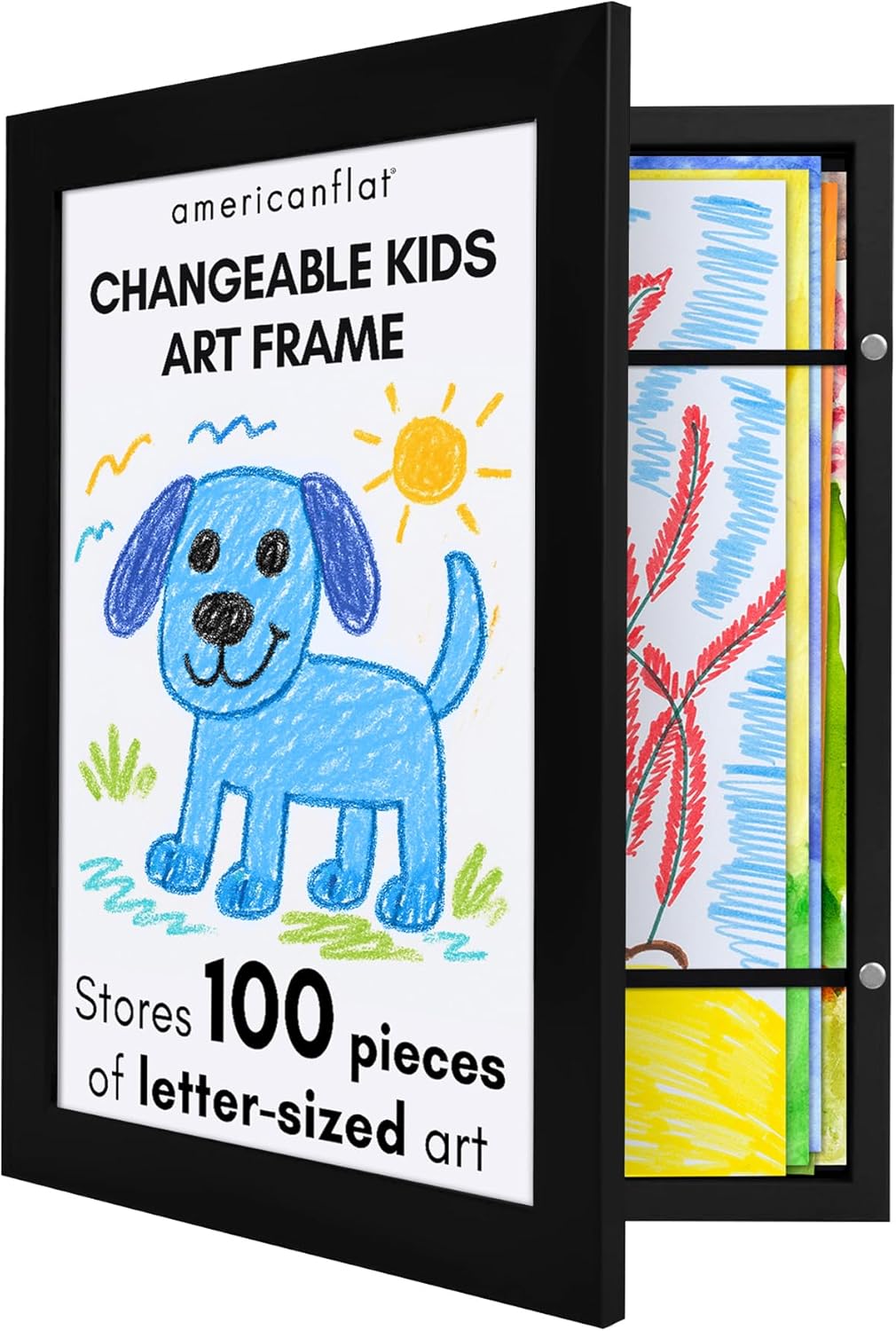 Americanflat 10x12.5 Kids Art Frame - Front Loading Picture Frames Hold 100 Artworks - Use as 8.5x11 Picture Frame with Mat - My Mini Masterpiece - Hanging Hardware and Built-in Easel Included - Black