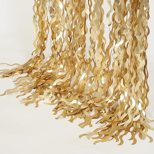 Miniatura 7 de Paquete de 4 cortinas onduladas con flecos de oropel metálico dorado champán, telón de fondo de flecos de papel de aluminio de 3.3 x 6.6 pies para