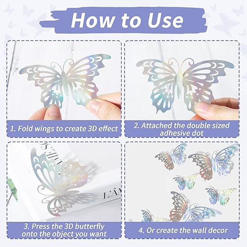 Miniatura 3 de 48 PCS Laser Butterfly Decorations, 3D Butterfly Decoration with 4 Styles 3 Sizes, Removable Butterfly Wall Decor Stickers (Laser)
