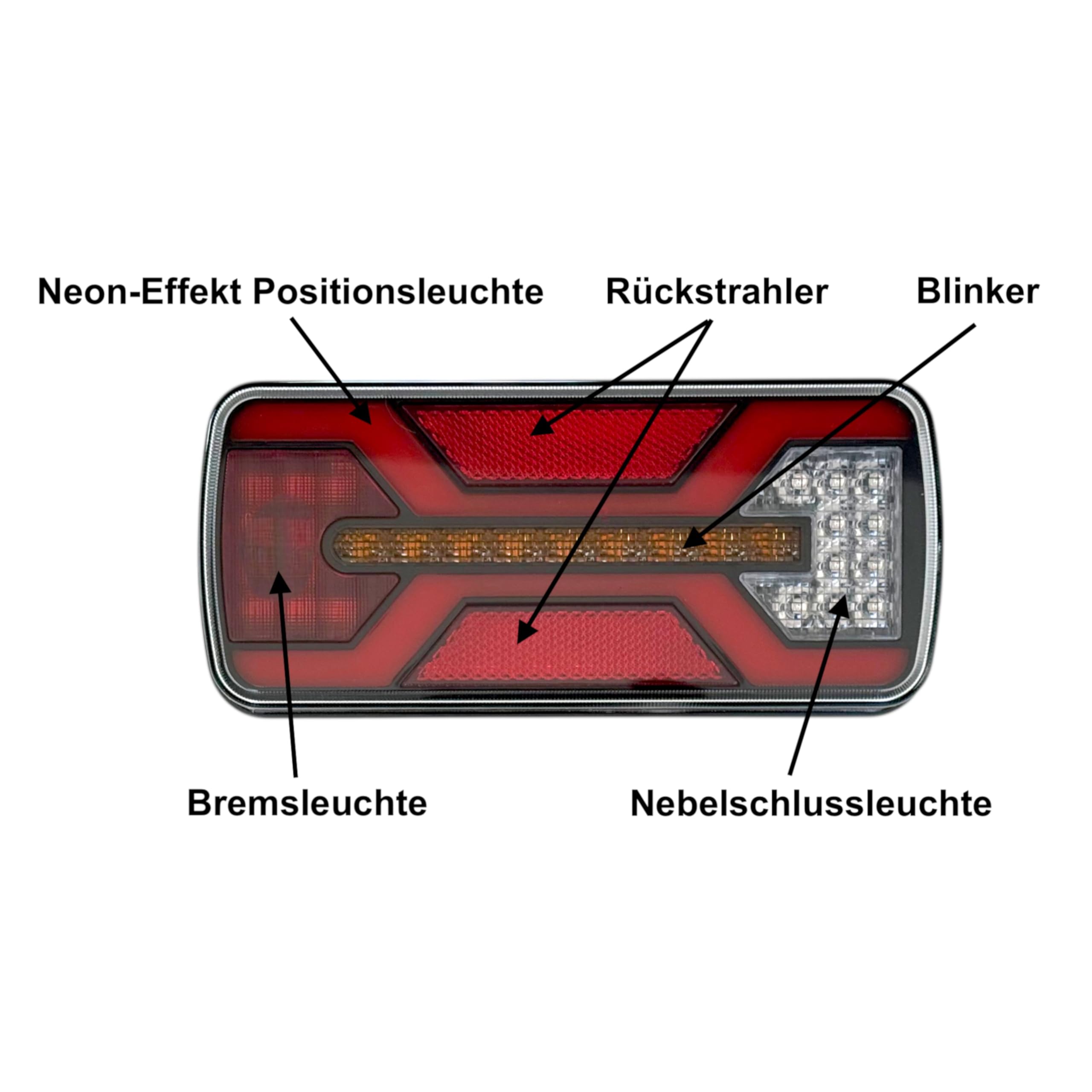 2x Neon-LED Rückleuchte 5/6 Funktionen 12V 24V LKW Anhänger Wohnwagen IP67 E9 – Kabel oder Bajonett mit Smart Load (3. 6 Funktionen – Kabel ca. 240 mm)