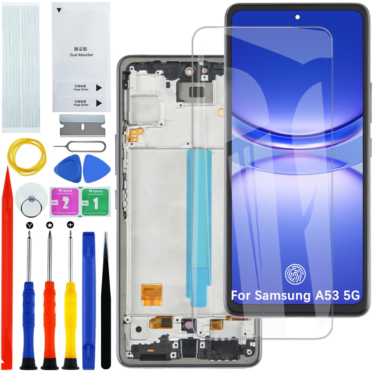 OLED Display Original for Samsung Galaxy A53 5G A536B A536B/DS A5360 A536E A536E/DS LCD Display Screen Replacement Assembly Repair Kit (Black with Frame, with Fingerprint)