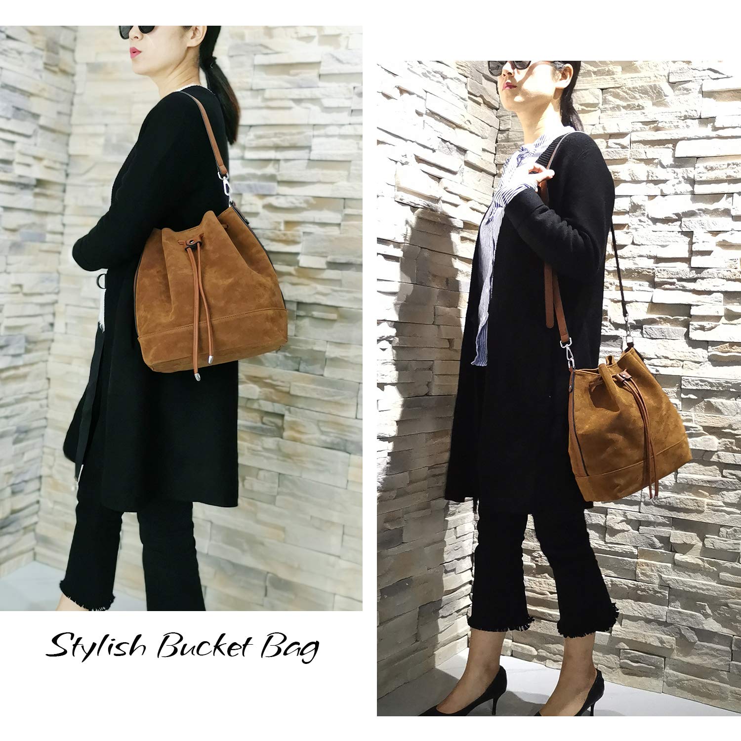 AFKOMST Borsa da donna, borsa a tracolla e borsa a tracolla da donna, alla moda, in similpelle, con coulisse e tracolla regolabile, elegante borsa per il tempo libero, marrone scamosciato