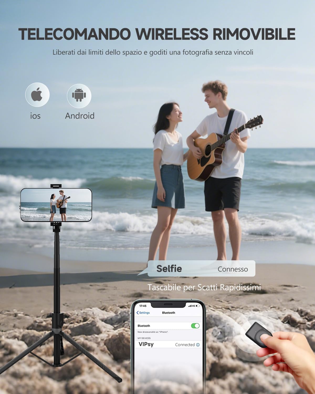 RISEOFLE 180cm Treppiede Smartphone, Bastone Selfie con Telecomando Wireless, Treppiede Portatile Estensibile per Smartphone Supporto Telefono Compatibile con iPhone/Samsung/GoPro/Camera