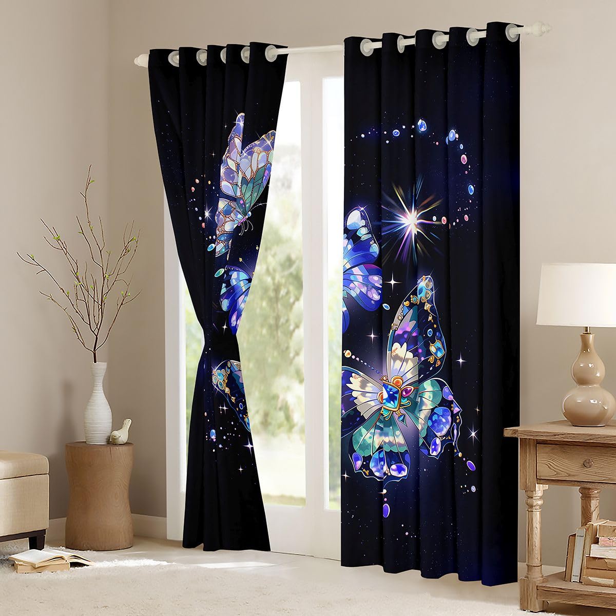 Homewish Set di 2 tende oscuranti a forma di farfalla con diamanti, 132 x 228 cm, 2 pannelli, con stelle scintillanti, colorate, delicate e delicate, tende per finestre con animali da sogno per camera