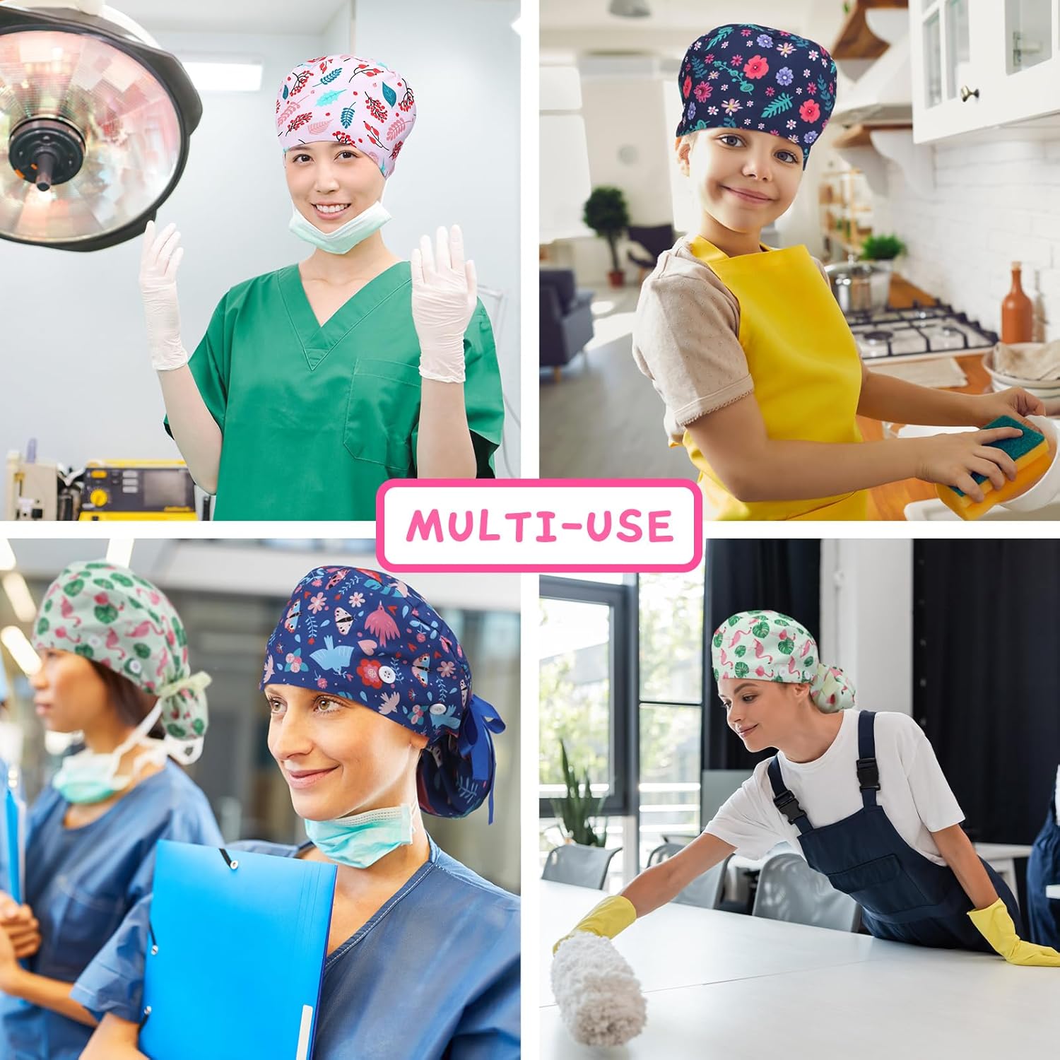6 Pcs Scrub Caps for Women Doctor Nursing Hats with Buttons Adjustable Tie Back Working Cap Bouffant Scrub Hats for Women Men - Image 6