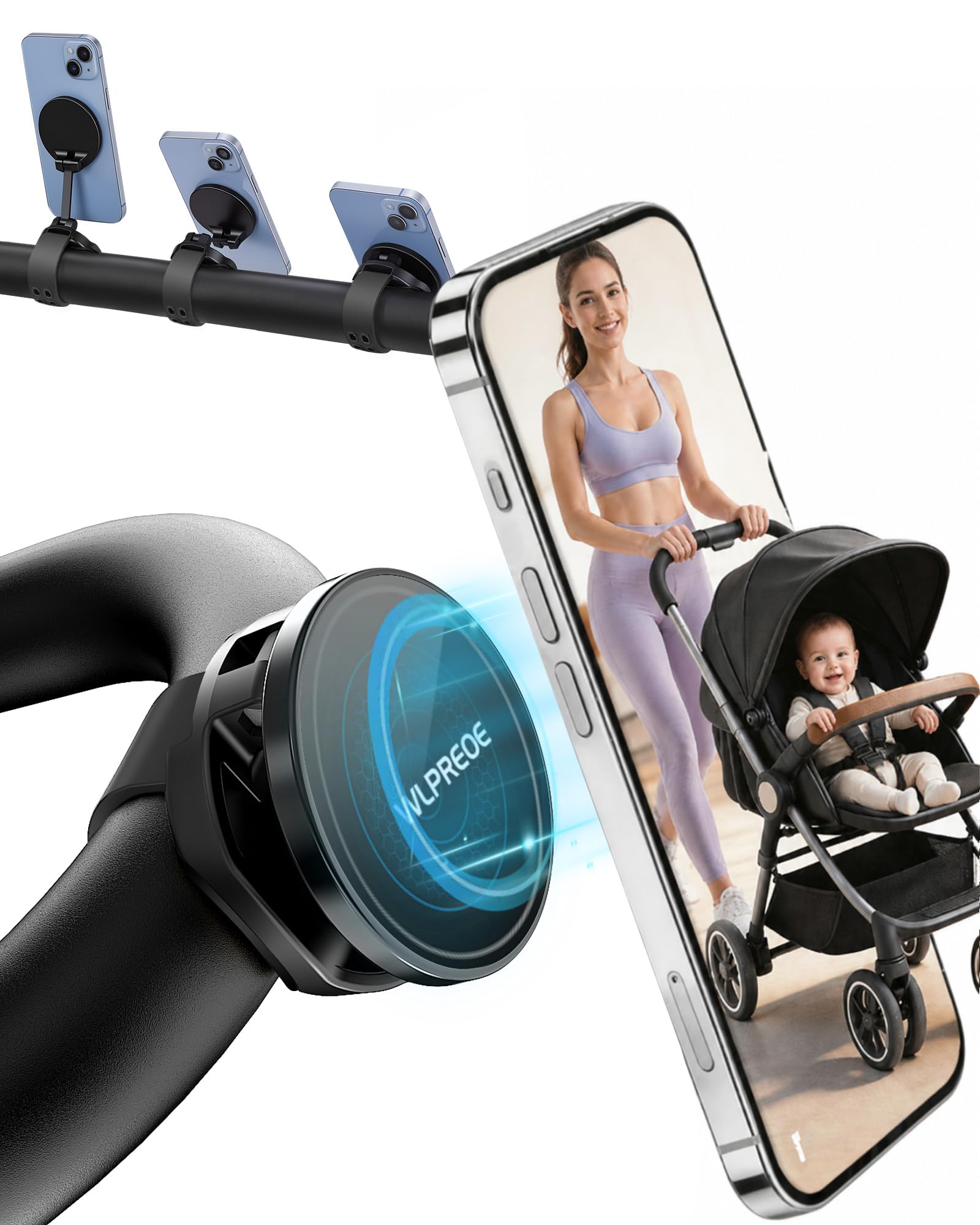 [2026 Upgraded] 3-in-1 Stroller Phone Holder for MagSafe with Folding Arm, Magnetic Phone Mount & Strap, Accessories for Mom on Stroller Walk or Strides, Fits Nuna, Doona, Graco, Wagon for iPhone 17 Black