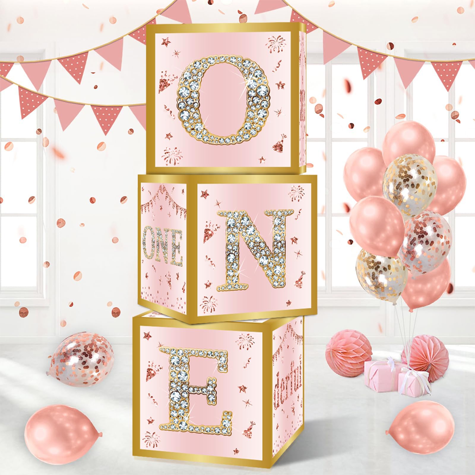Photo 1 of DataMoon 1st Birthday Decorations Boxes for Baby Girl - 3PCS Pink Rose Gold Onederful First Birthday Balloons Boxes, One Year Old Happy Birth Party Theme Cardboard Box for Cake Smash Photo Props