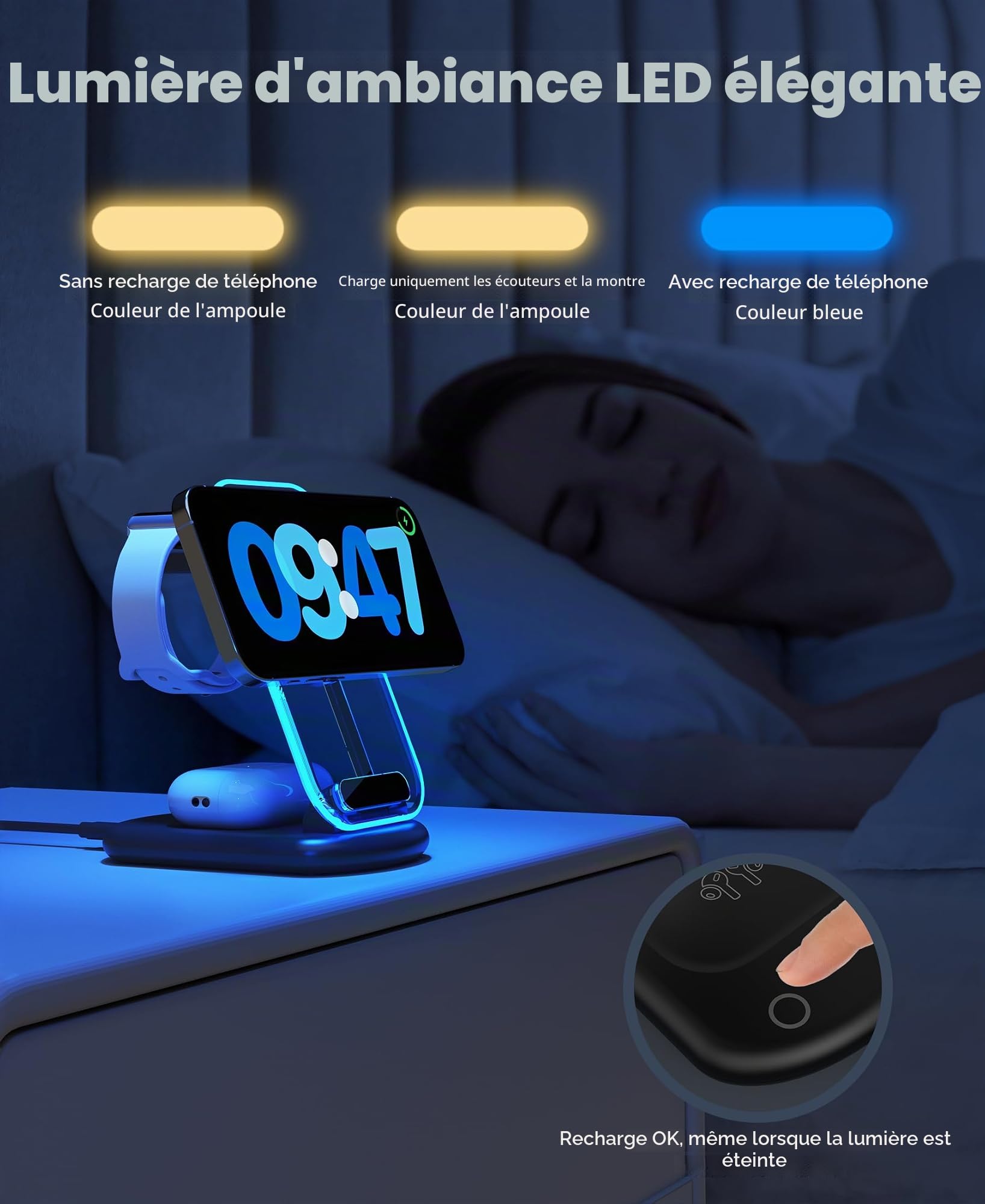 Station de Chargement inductive, Station de Chargement 3 en 1 Compatible avec iPhone 17e,17 16 15 14 13 Pro Max/Air/Plus/Pro, pour Apple Watch 10/9, Airpods 3/2/Pro,Guidon Plat, Carbone Noir