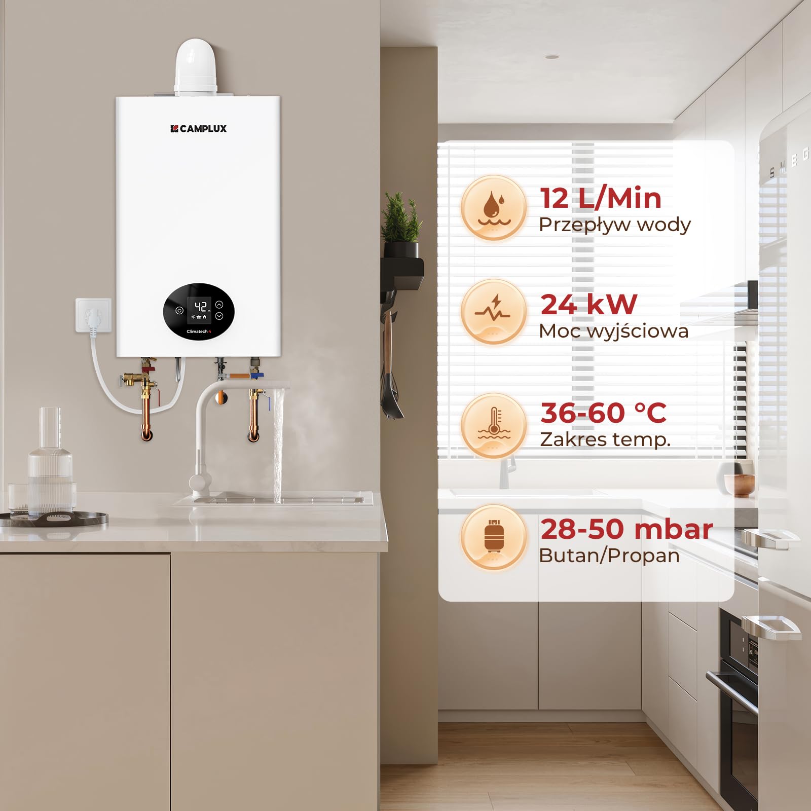 CAMPLUX Climitech 4 Gazowy Podgrzewacz Wody 12-litrowy, LPG, 28-50 mbar, do Łazienka/Kuchni/Balkonu, GX318LP