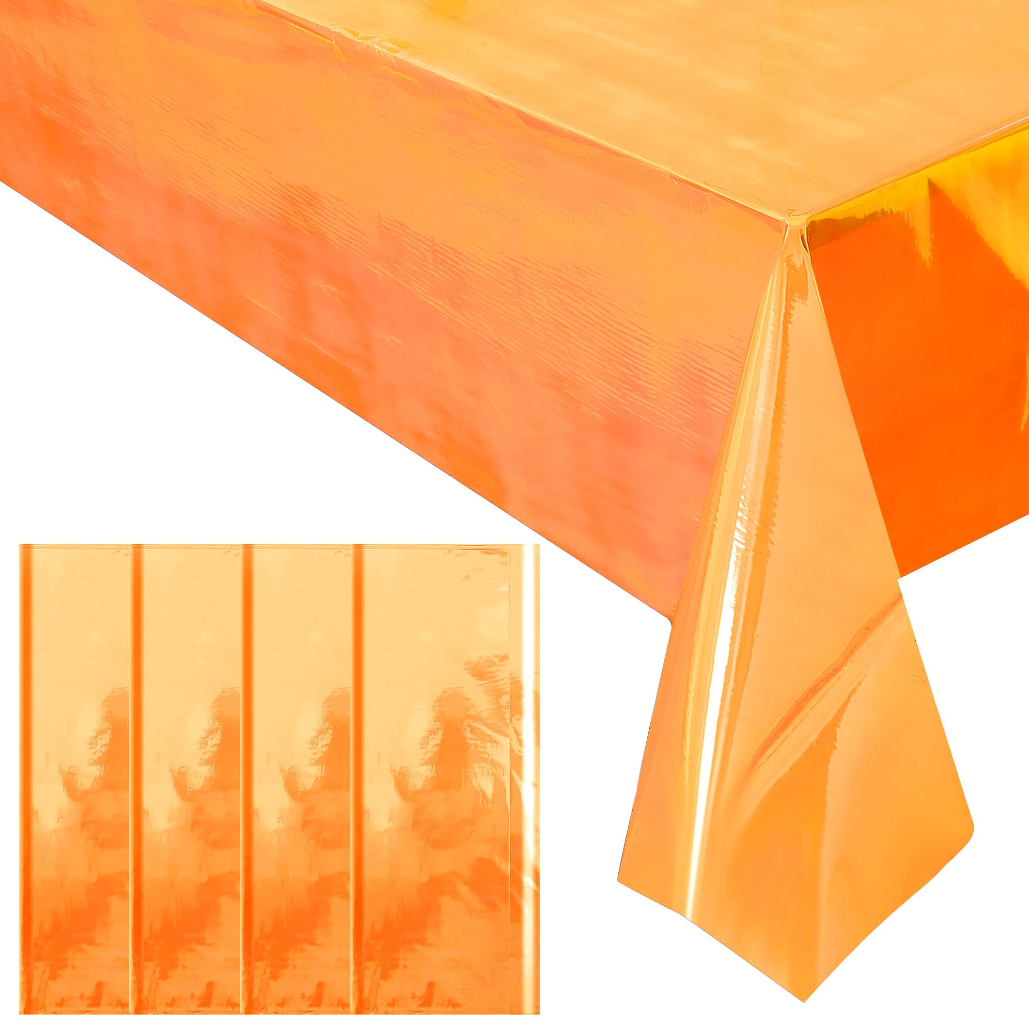 4 Pieces Orange Iridescence Tablecloth - 40 x 108“ Disposable Shiny Laser Table Cloth - Glitter Plastic Tablecloths - Holographic Iridescent Table