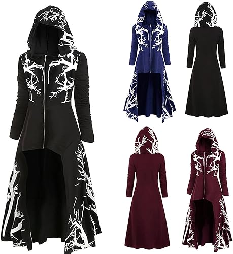 Miniatura 7 de SHOPESSA Disfraces de Halloween para mujer, ropa gótica oscura, capa alta, baja, manga larga, renacentista, medieval, con capucha
