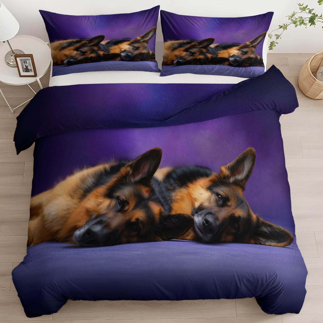 Housse de couette berger allemand parure de lit 2 personnes violette 240x260