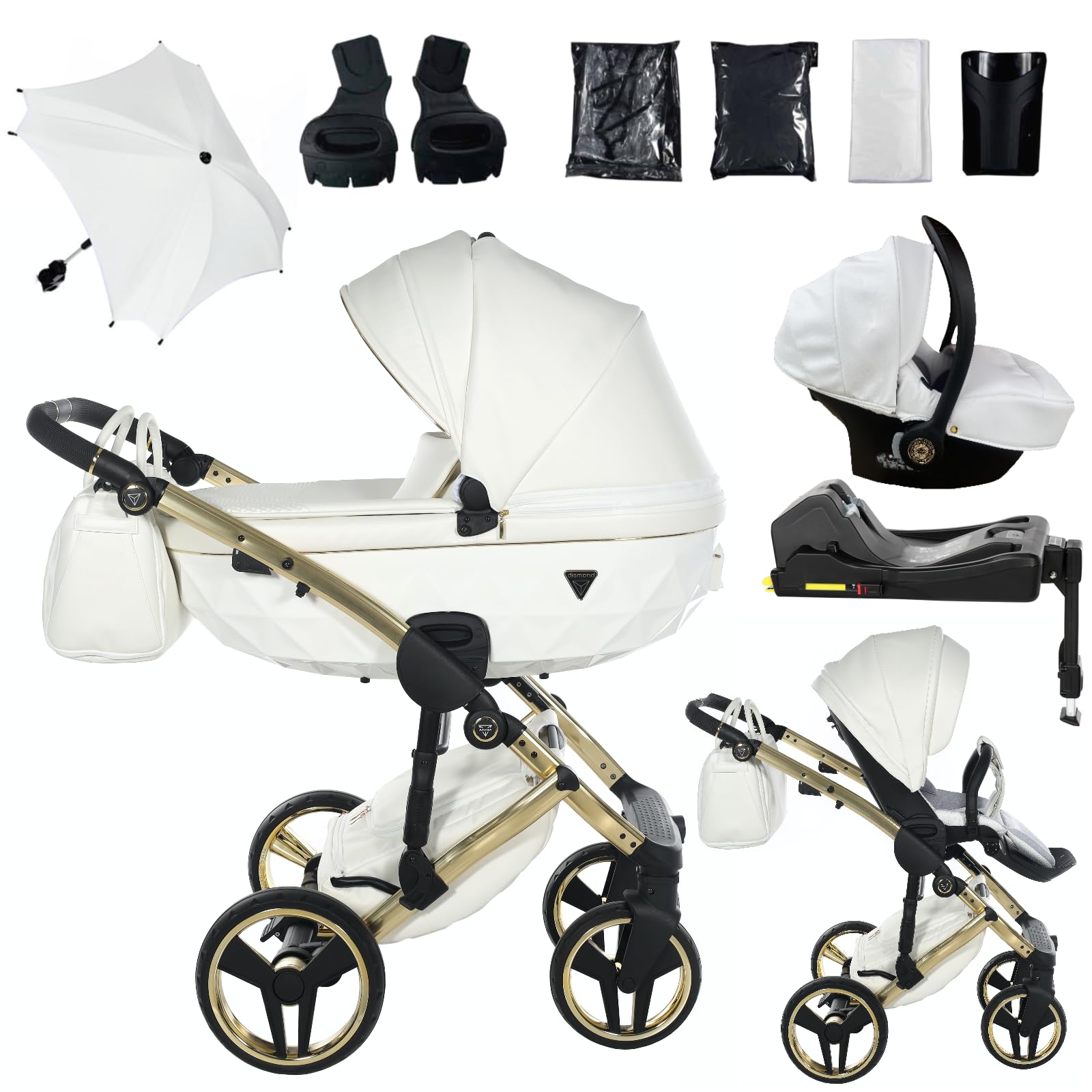 Junama Passeggino TRIO Diamond Fluo Individual 17 Bianco e Oro - 2in1 3in1 4in1 + ombrellino (4 in 1 con Base ISOFIX)