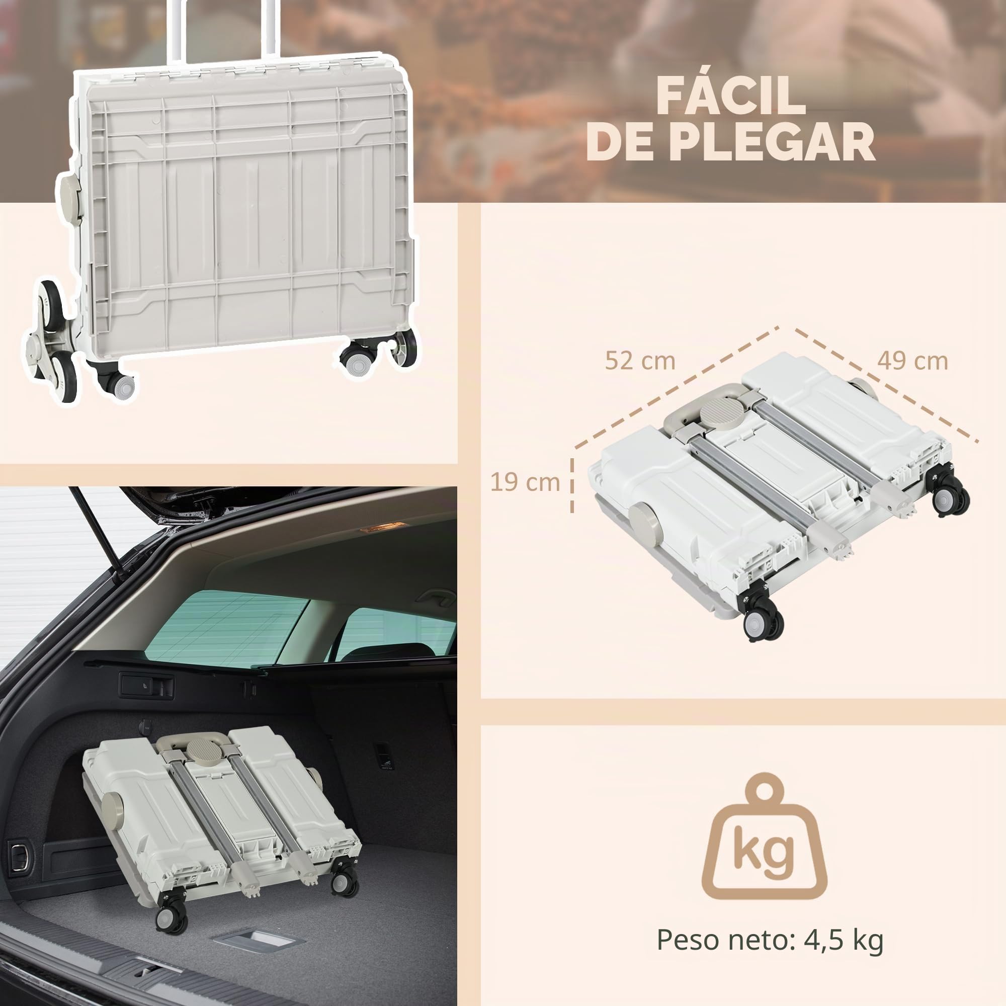 HOMCOM Carrito de Compras Plegable Sube escaleras 52x48x100 cm Blanco | Ruedas, tapa, mango telescópico, carrito de compras, 80kg, cesta de 51L, aluminio.