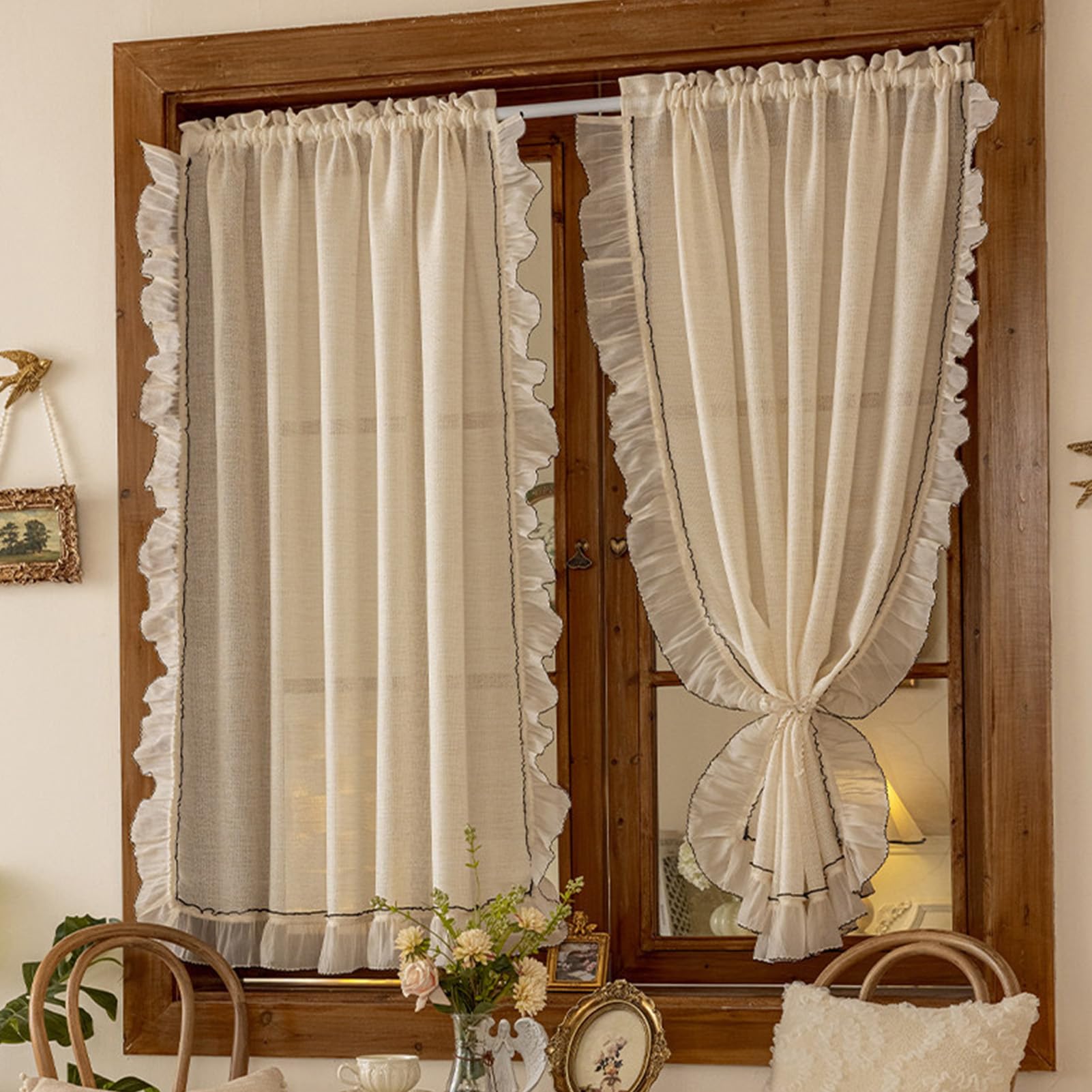 ZZYK Valances for Windows Small Chiffon Curtains for Kitchen Living Room Cafe Laundry Basement,Privacy Lace Top Rod Pocket Washed Gauze Short Curtain,Beige,79" W x 59" L