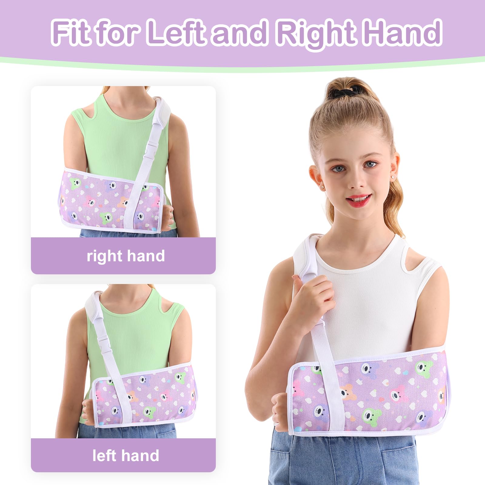 Kids Arm Sling for Broken Arm Torn Rotator Cuff Shoulder Elbow Wrist injury Printed Pediatric Child Toddler Brace Support for Children Girls with Bear (Purple, Small)